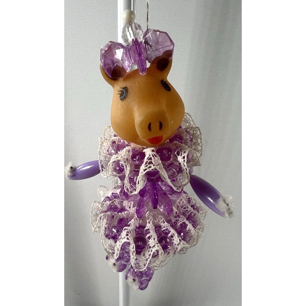 Vintage Miss Piggy Beaded  Christmas Ornament Handmade Purple MCM